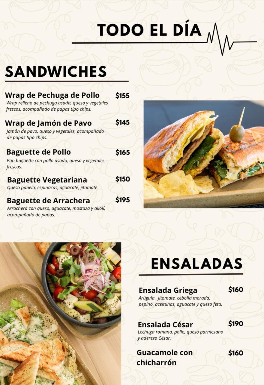Spanish restaurant menu featuring sandwiches and salads with prices, including photos of wraps, baguettes, and a fresh salad bowl
