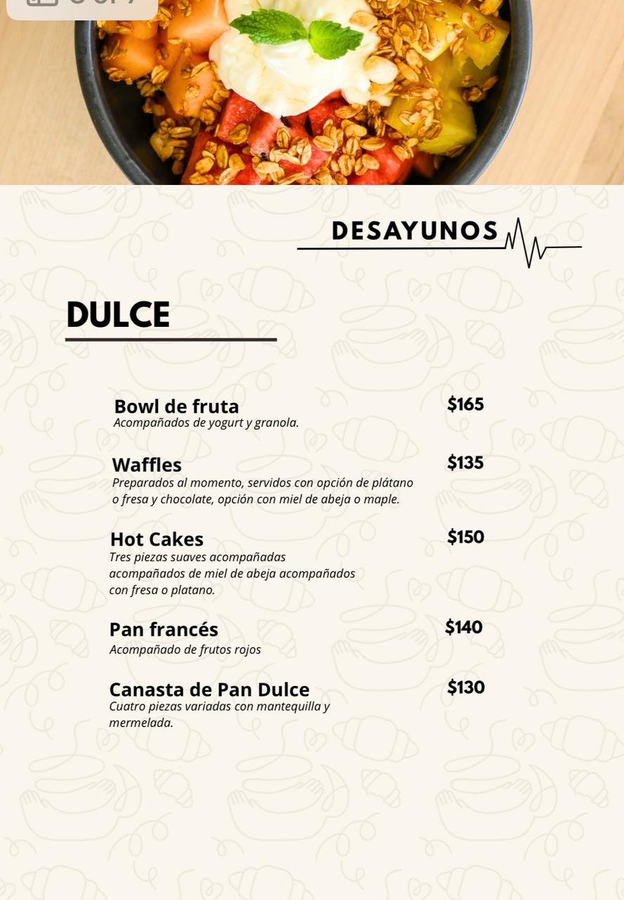 Desayunos Dulce menu showing bowl of fruit with yogurt and granola, waffles, hot cakes, pan frances, and Pan Dulce offerings with prices