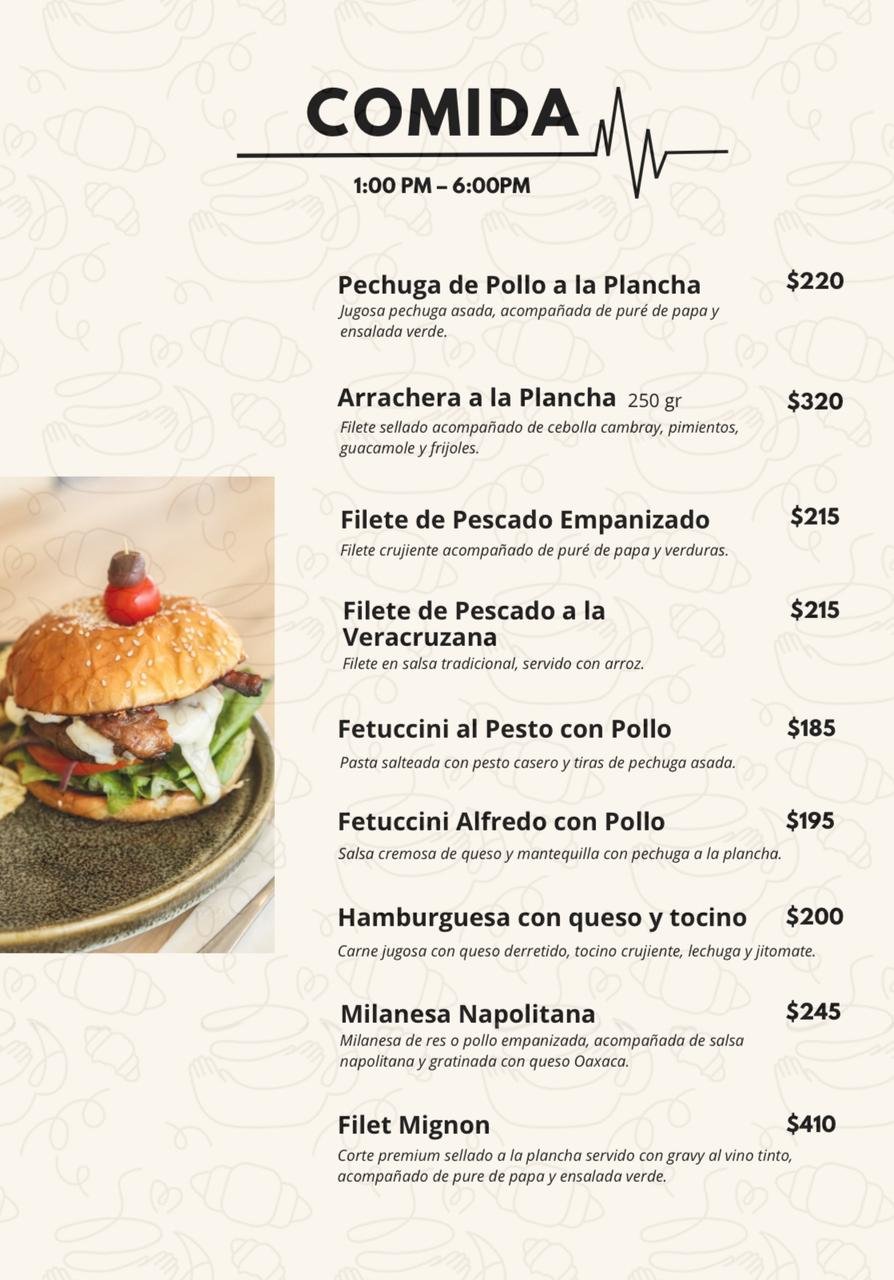 COMIDA lunch menu from 1:00 PM - 6:00 PM featuring chicken, seafood, and pasta dishes with prices ranging from $185 to $410