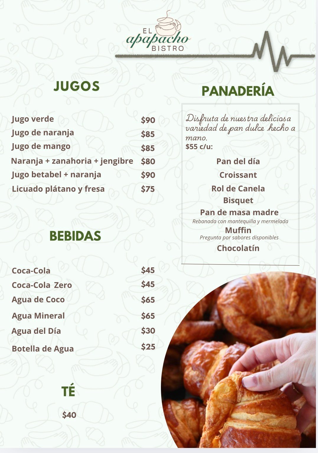 El Apapacho Bistro menu showing juices, beverages, tea, and bakery items with prices in pesos, featuring a croissant image