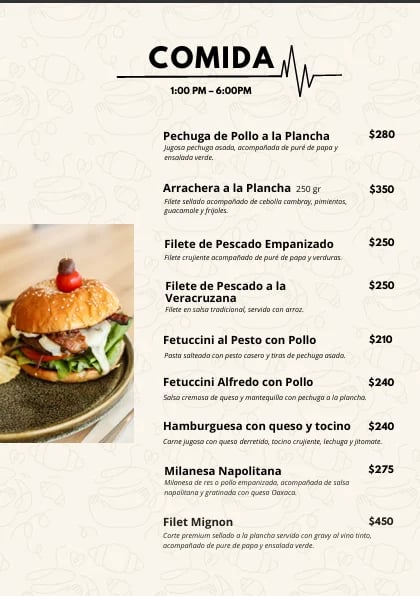 COMIDA restaurant menu showing lunch items from 1:00 PM to 6:00 PM with prices ranging from $210 to $450