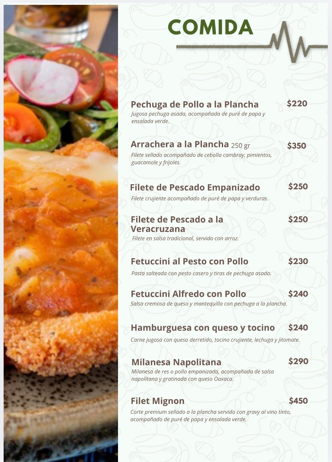 Restaurant menu page showing Comida (food) section with prices. Left side displays photos of prepared dishes including chicken, fish, and pasta. Right side lists menu items like Pechuga de Pollo and Filete Mignon with prices