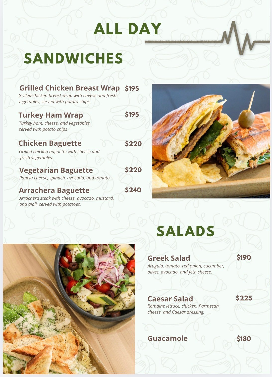 All Day menu featuring sandwiches and salads with prices, including grilled chicken wraps, baguettes, and various salads with food photos