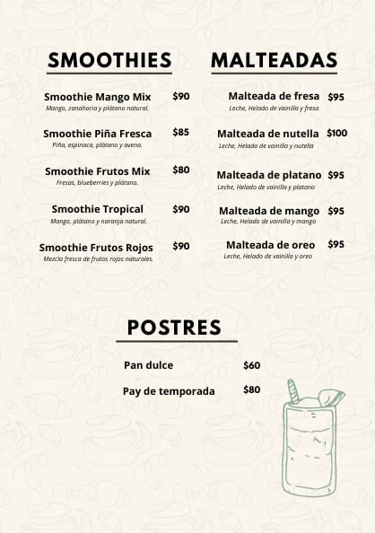 Menu board displaying smoothies, malteadas, and postres (desserts) with prices in Spanish