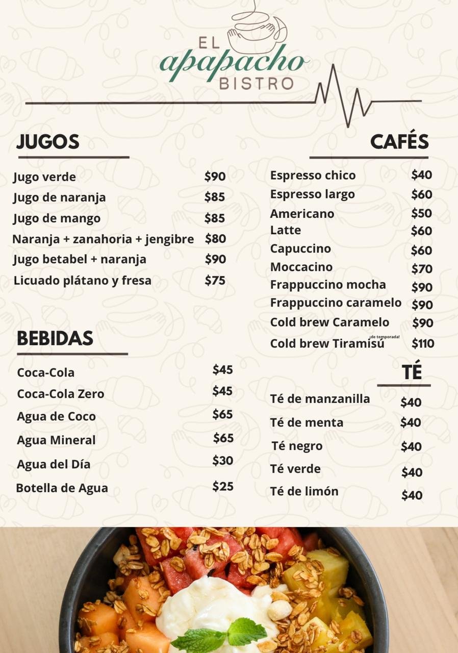El Apapacho Bistro menu with juice, beverage, coffee and tea sections displayed with a bowl of food at bottom