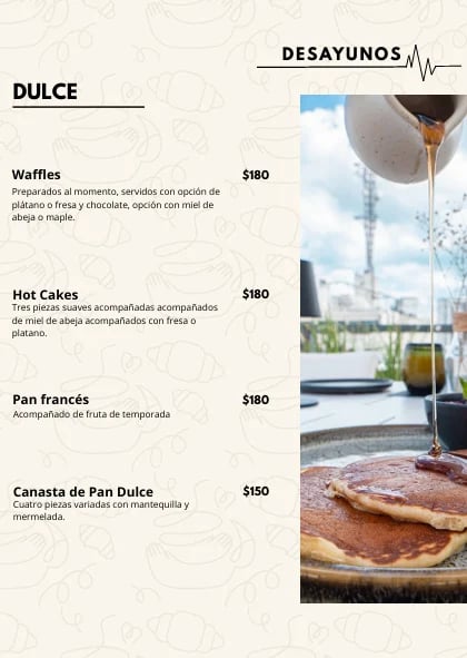 Menu section showing Dulce desserts including waffles, hot cakes, pan frances, and canasta de pan dulce with prices and descriptions
