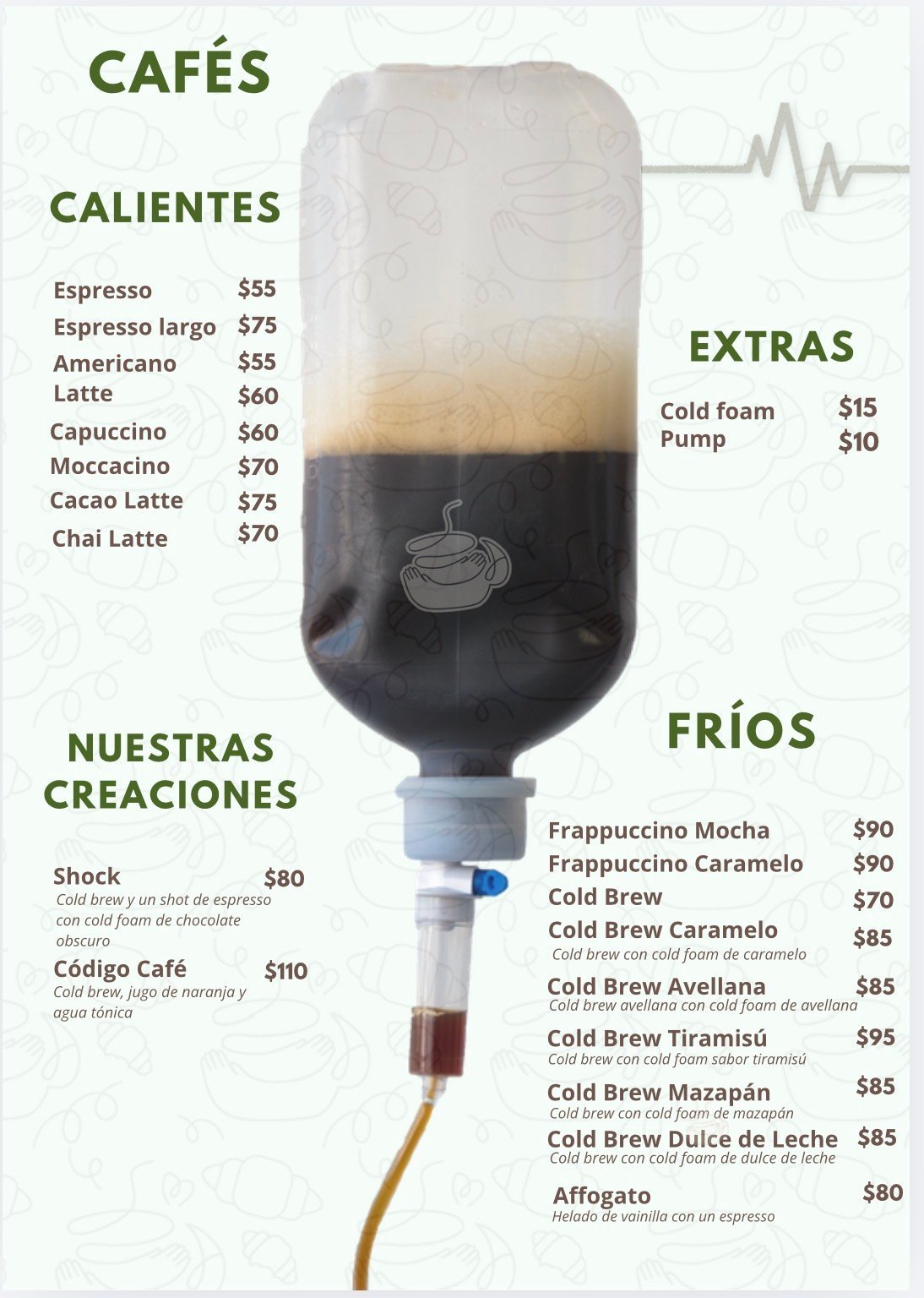 Coffee shop menu displaying hot and cold beverages with prices, featuring a large iced coffee drink image in the center