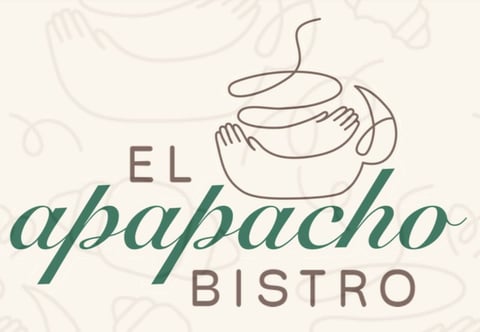 El aguapacho Bistro logo with line drawing of stacked dishes and text in teal and gray