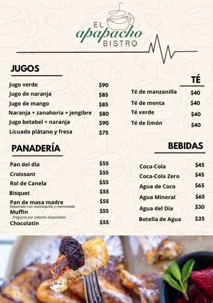 Menu from El Apapacho Bistro showing juices, breads, teas, and beverages with prices, plus food photo below