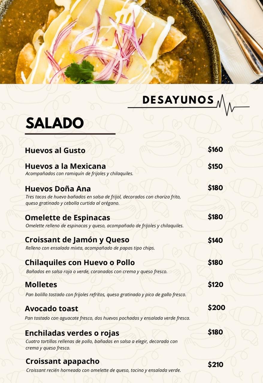 Desayunos Salado menu showing breakfast dishes like Huevos al Gusto, Enchiladas, and Croissant prices ranging from $120 to $210