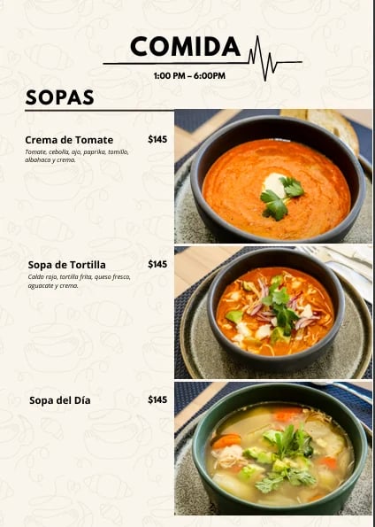 Menu page showing three soups: Crema de Tomate, Sopa de Tortilla, and Sopa del Dia, each priced at $145 with photos and descriptions