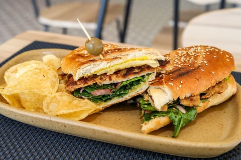 Gourmet sandwich platter with sesame seed bun, egg, bacon, greens, and arugula served with potato chips on wooden board