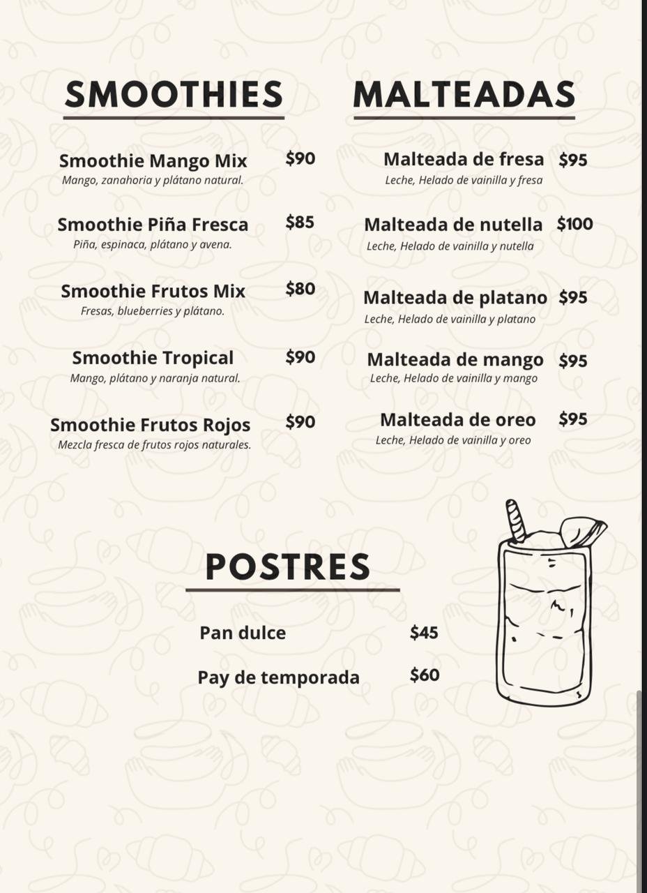 Menu featuring smoothies, malteadas, and postres with prices. Includes items like Mango Mix smoothie, fresa malteada, and pan dulce dessert.