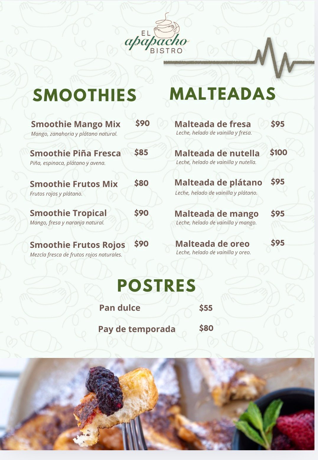 El Papacho Bistro menu featuring smoothies, malteadas, and postres with prices and descriptions