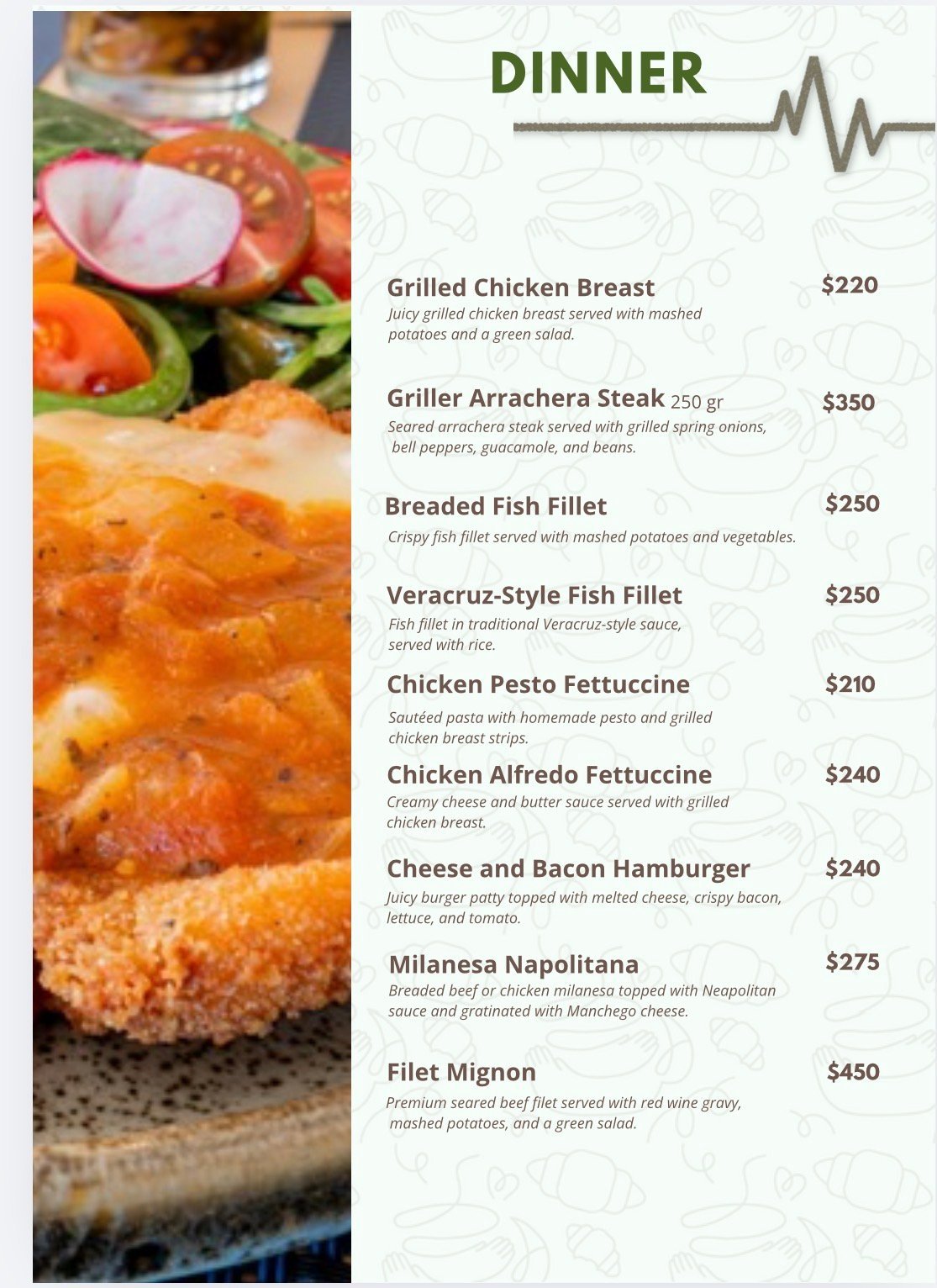 Dinner menu with images of grilled chicken, fish, and other dishes with prices ranging from $210 to $450