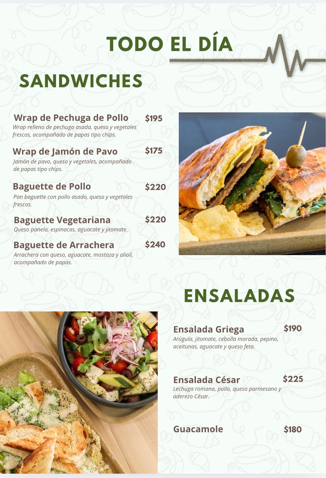 Spanish restaurant menu showing sandwiches and salads with prices, featuring images of a wrap and Greek salad