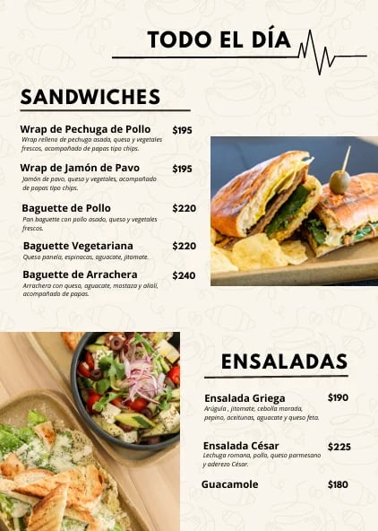 Menu for TODO EL DÍA restaurant showing sandwiches and salads with prices in pesos and food photos