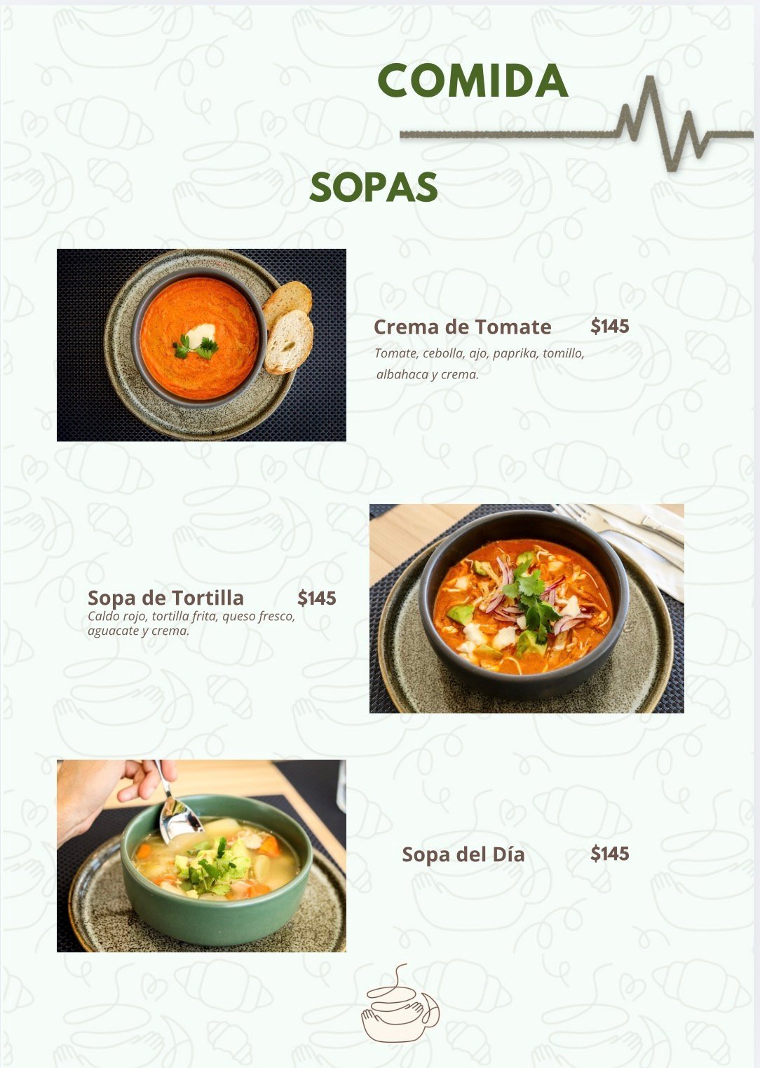 Restaurant menu page showing Sopas (soups) section with three soup options: Crema de Tomate, Sopa de Tortilla, and Sopa del Dia, each priced at $145 with photos and descriptions