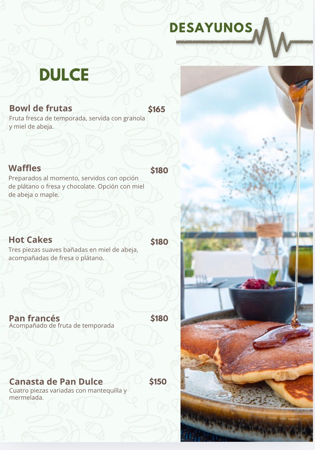 Breakfast menu with Spanish sweet dishes and a photo of honey being drizzled over a pastry with a cityscape view