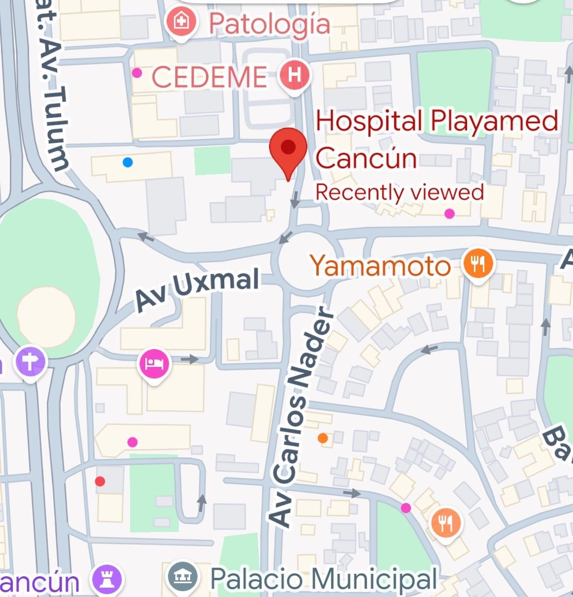 Map of Cancun showing Hospital Playamed location marked with red pin, nearby streets including Av Uxmal and Yamamoto restaurant