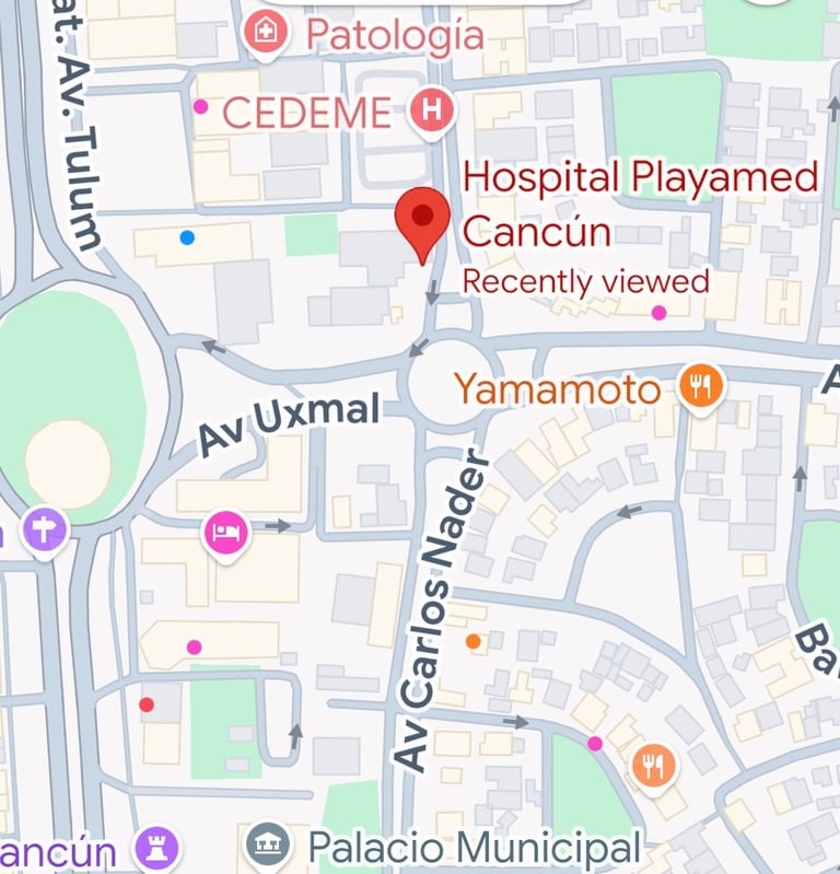 Map of Cancun showing Hospital Playamed location marked with red pin, nearby streets including Av Uxmal and Yamamoto restaurant