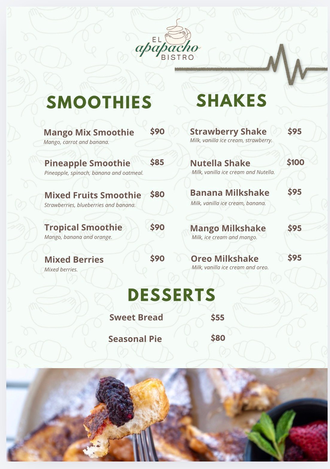 Menu for Apipacho Bistro showing smoothies, shakes, and desserts with prices and descriptions