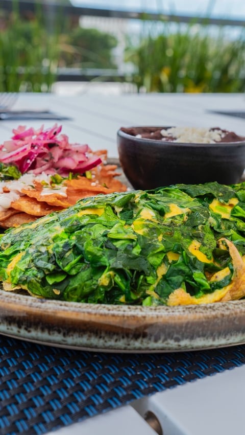 Plated dish with greens and yellow garnish, pink flower, crispy chips, and sauce bowl on outdoor table