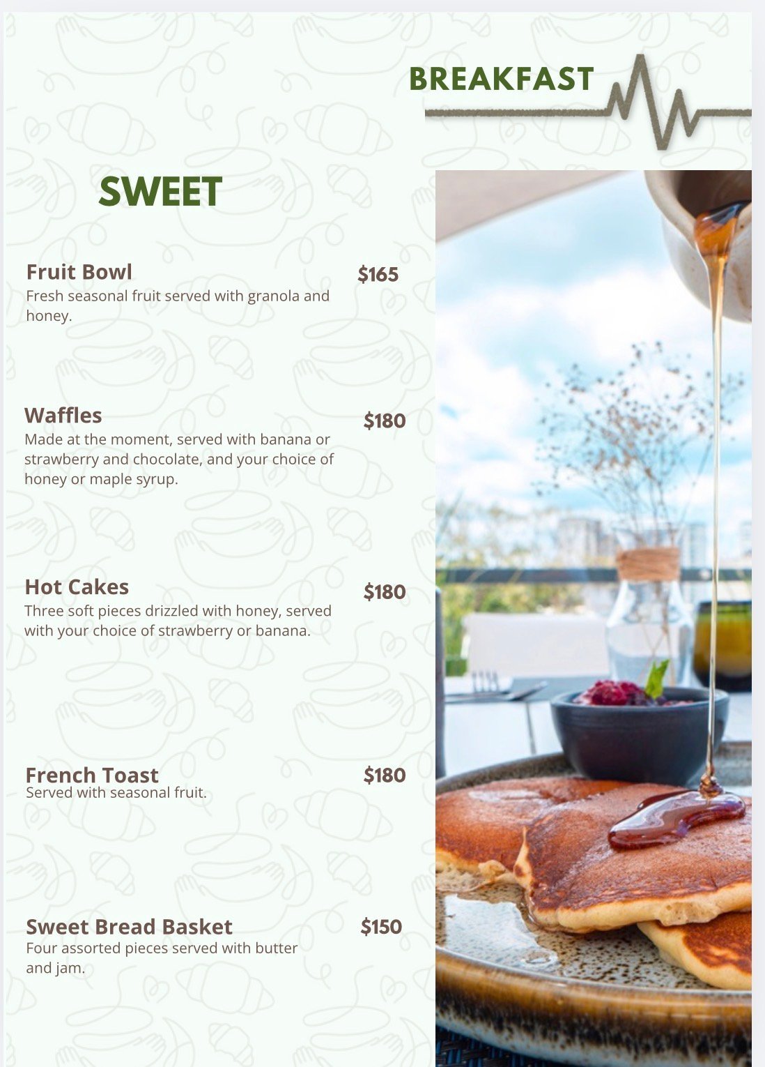 Breakfast menu featuring sweet dishes with prices and images of waffles, pancakes, and honey drizzle
