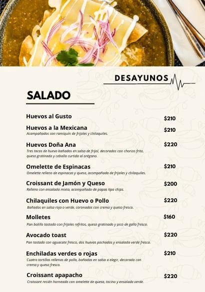 Spanish restaurant breakfast menu featuring dishes like Huevos al Gusto and Enchiladas verdes, with prices in pesos