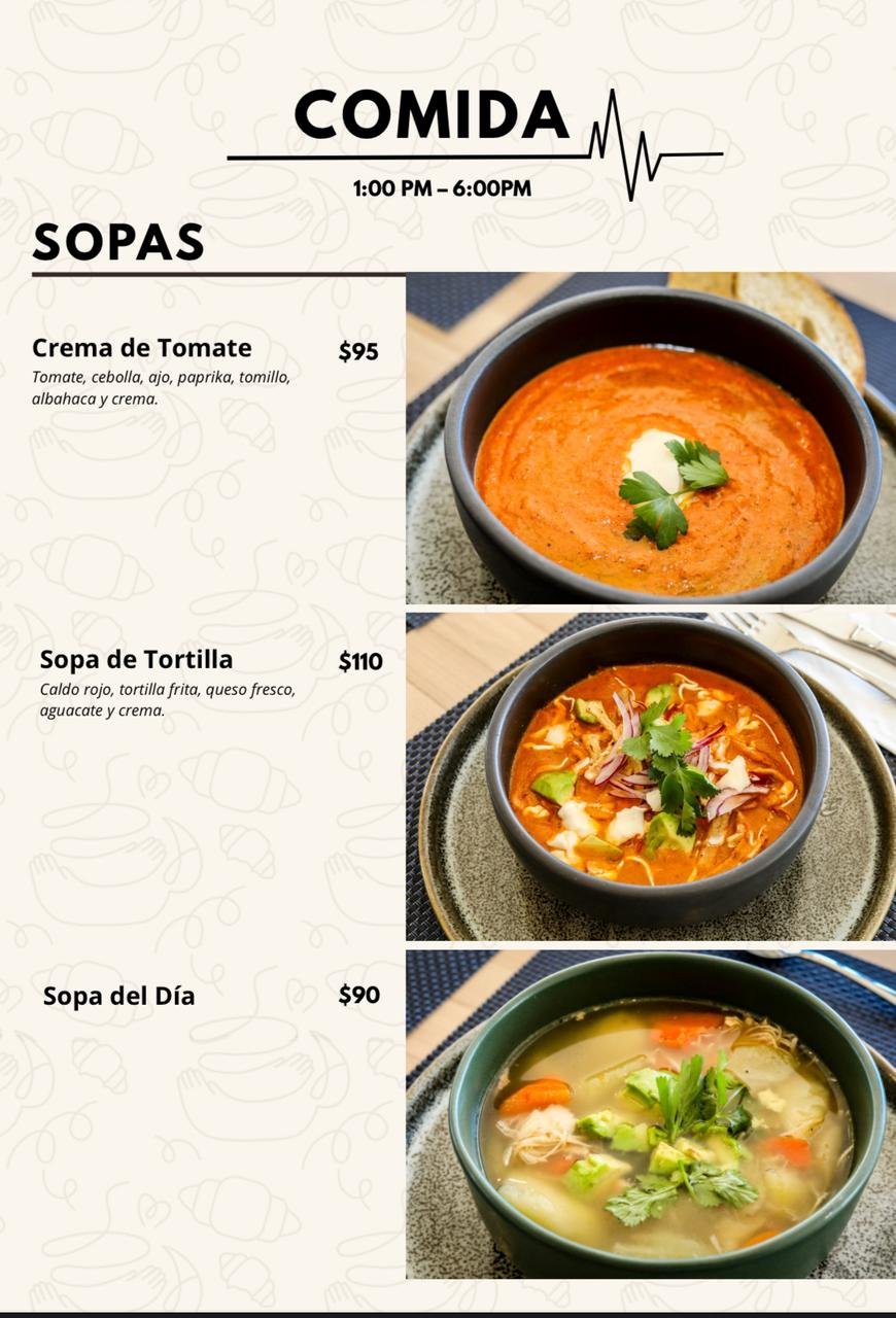 Restaurant lunch menu for Comida featuring three soups: Crema de Tomate, Sopa de Tortilla, and Sopa del Dia with prices and photos