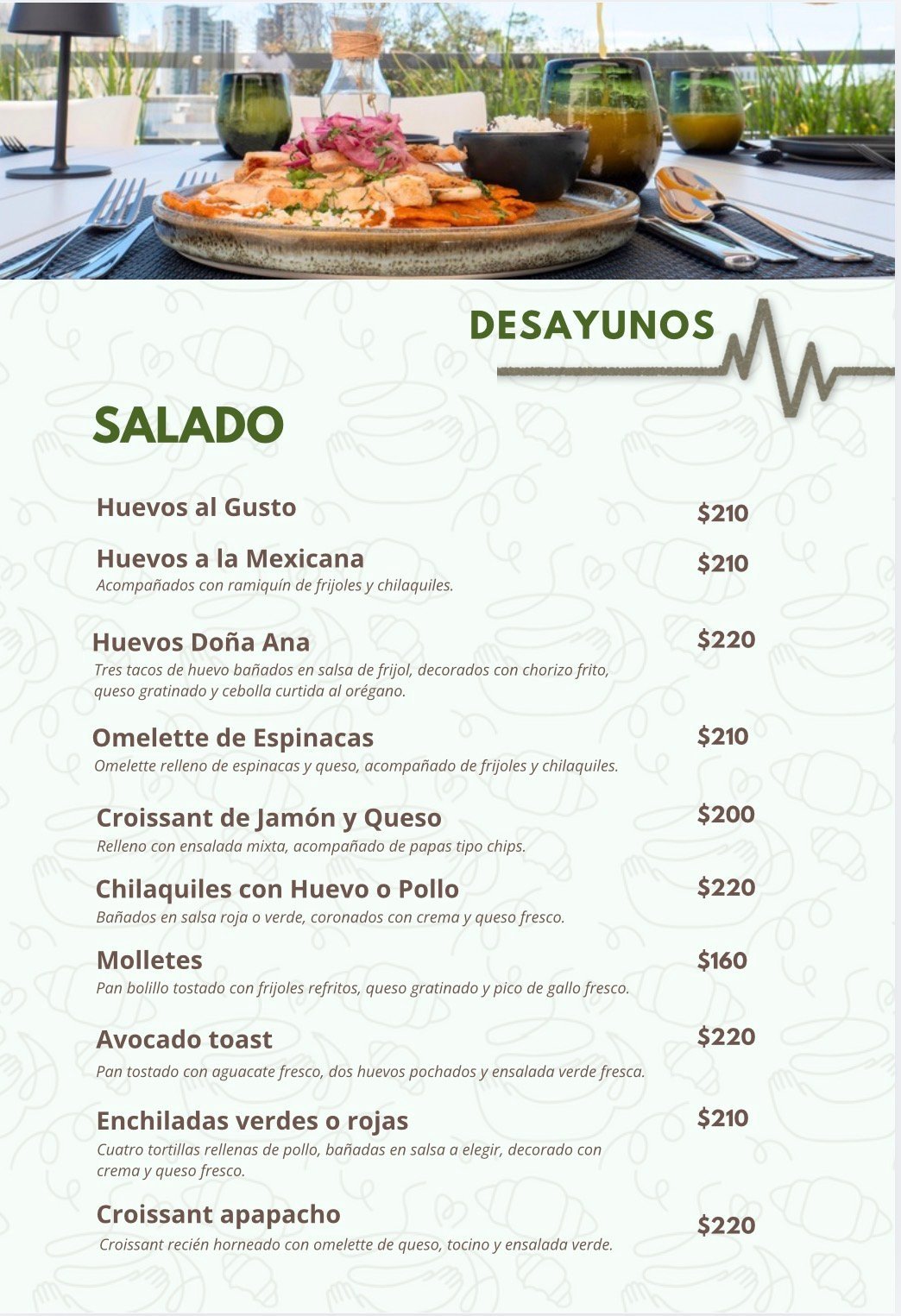 Restaurant breakfast menu with prices featuring eggs, chilaquiles, and other dishes, with plated food on rooftop overlooking city skyline