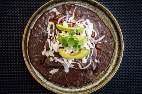 Overhead view of a dark mole dish garnished with shredded onions, avocado slices, cilantro, and chili on a ceramic plate