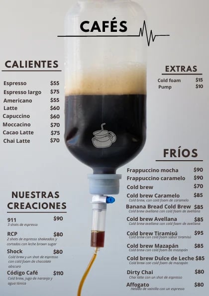 Cafe menu board displaying hot and cold coffee drinks with prices, featuring a large iced coffee illustration in the center